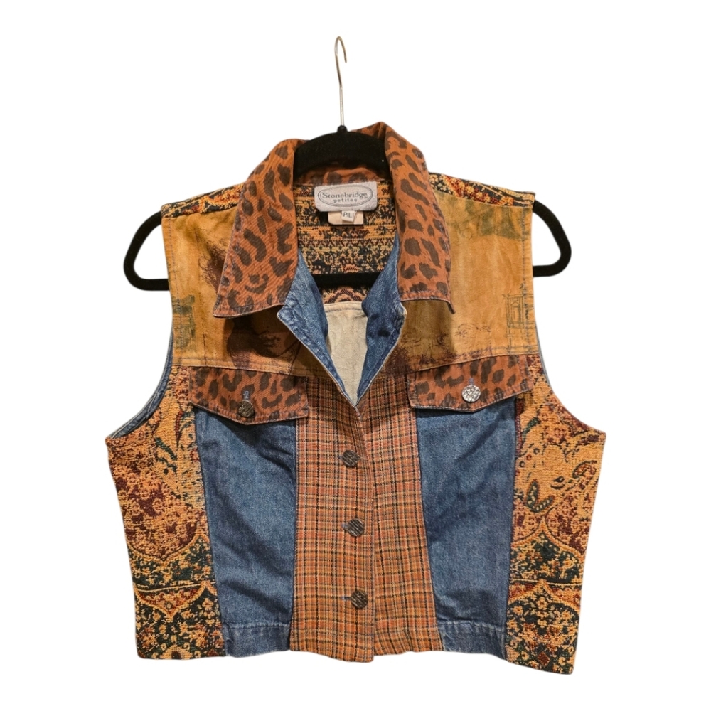 STONEBRIDGE Vintage Denim Patchwork Vest - Petite‎ Large